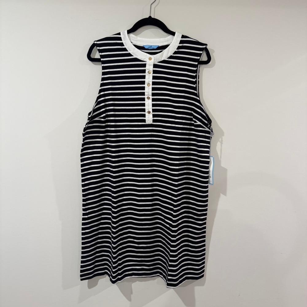 NWT DRAPER JAMES RSVP XL Sleeveless Knit Shift Dress Black White Gold Button‎